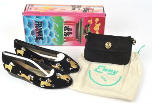 FRANKIE & BABY, BEVERLY FELDMAN (Russell & Bromley) black velvet flat ballet pumps with gold and