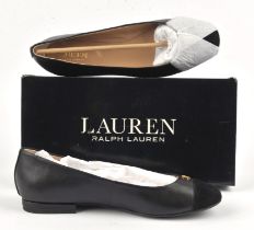 RALPH LAUREN quality boxed ladies black leather and suede ballet pumps with gold tone hardware UK6.