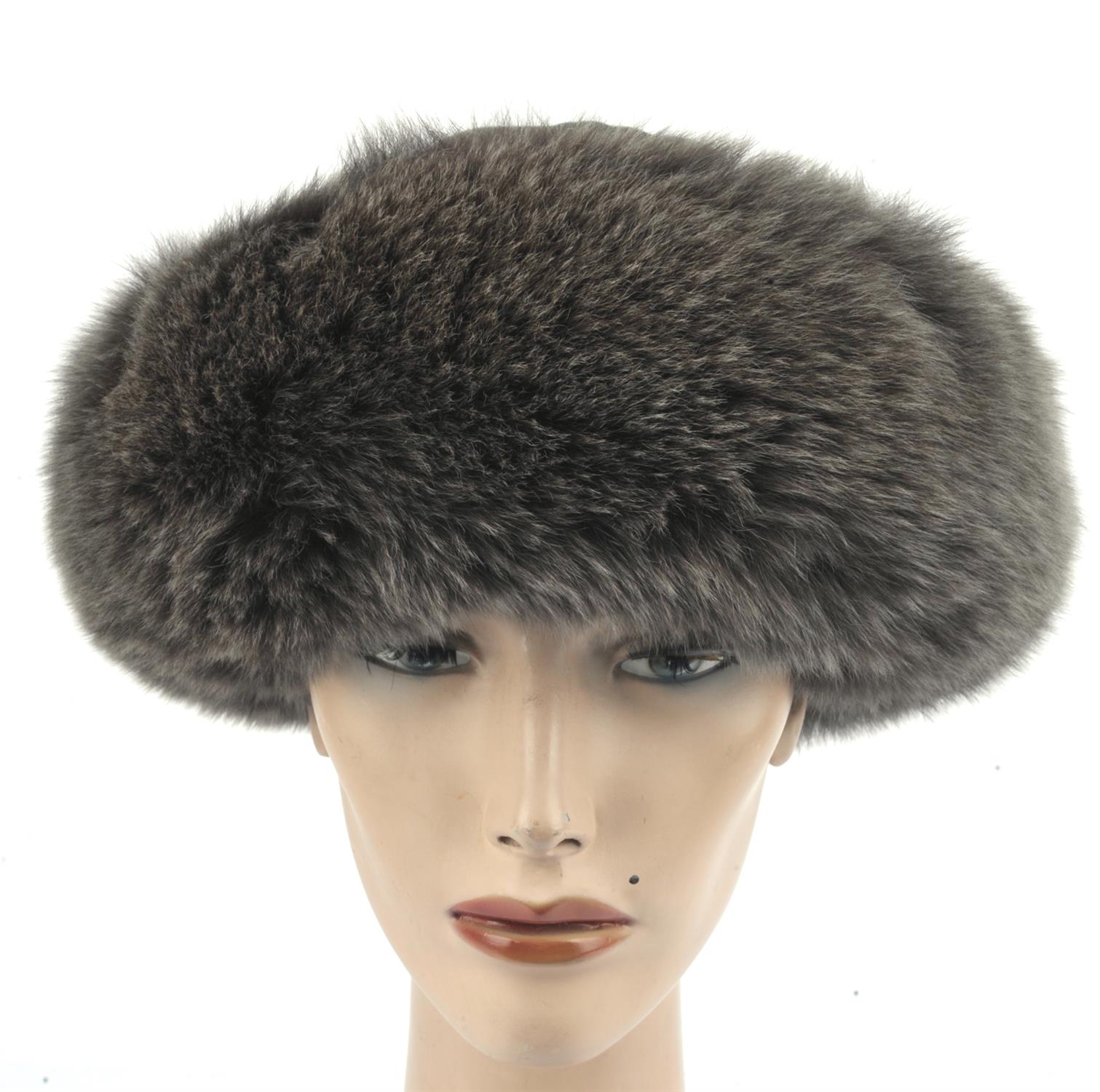 Ladies black suede and grey fox fur après-ski hat. Medium size