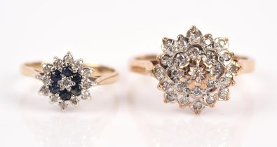 Two floral cluster rings, one set with single cut diamonds, in 9 ct, size P, the other set with