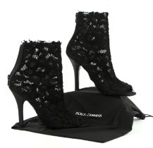 DOLCE & GABBANA black lace open toe booties with zipped back, leather soles and satin heels. UK3.