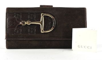 GUCCI ladies bi-fold chocolate brown suede and G-embossed leather purse/pocket book with half