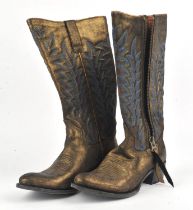 GOLD nubuck leather superior quality cowboy boots with peacock blue stitching and side zip.