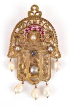 Hand of Fatima brooch, open work hand set with moon motif with round cut rubies, pearls,