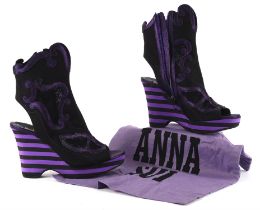 ANNA SUI rare purple and black wedge heeled striped peep-toe canvas and fishnet booties in original