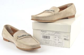 ASPREY boxed pale grey/fawn fine quality ladies suede and leather snaffle moccasin loafers with