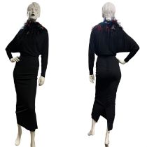 CROCODILE vintage 1970s slinky black dress evening dress with statement marabou feather collar and