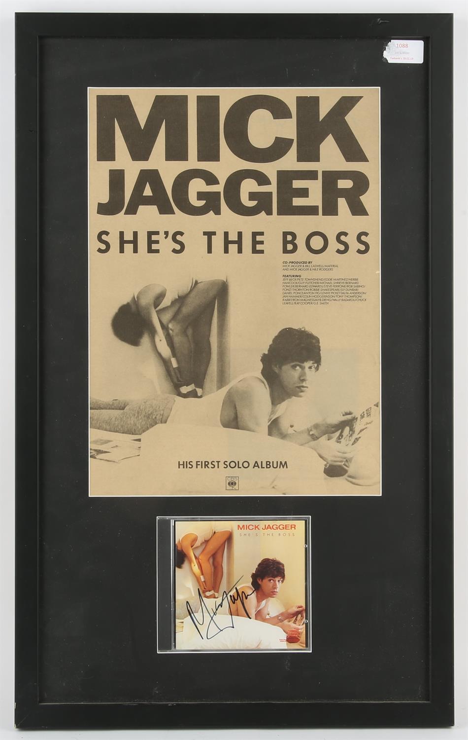 Mick Jagger - Autograph on CD of the album 'She's The Boss', mounted with an original advert of his