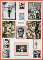 Johnny Weissmuller Display , twelve inset images, two of which are Signed by the American Olympic