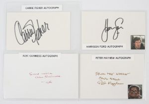 Autographs - Star Wars signed cards, Harrison Ford, Carrie Fisher, Peter Mayhew and Alec Guinness,