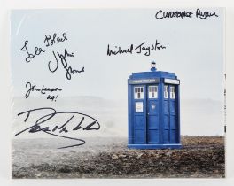 Doctor Who - Three autographed 8x10 inch stills, two stills each signed by six members of the cast,