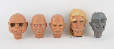 5 puppet heads made by Phil Eason for various projects, largest 13 cm (5). Alan Tracy,