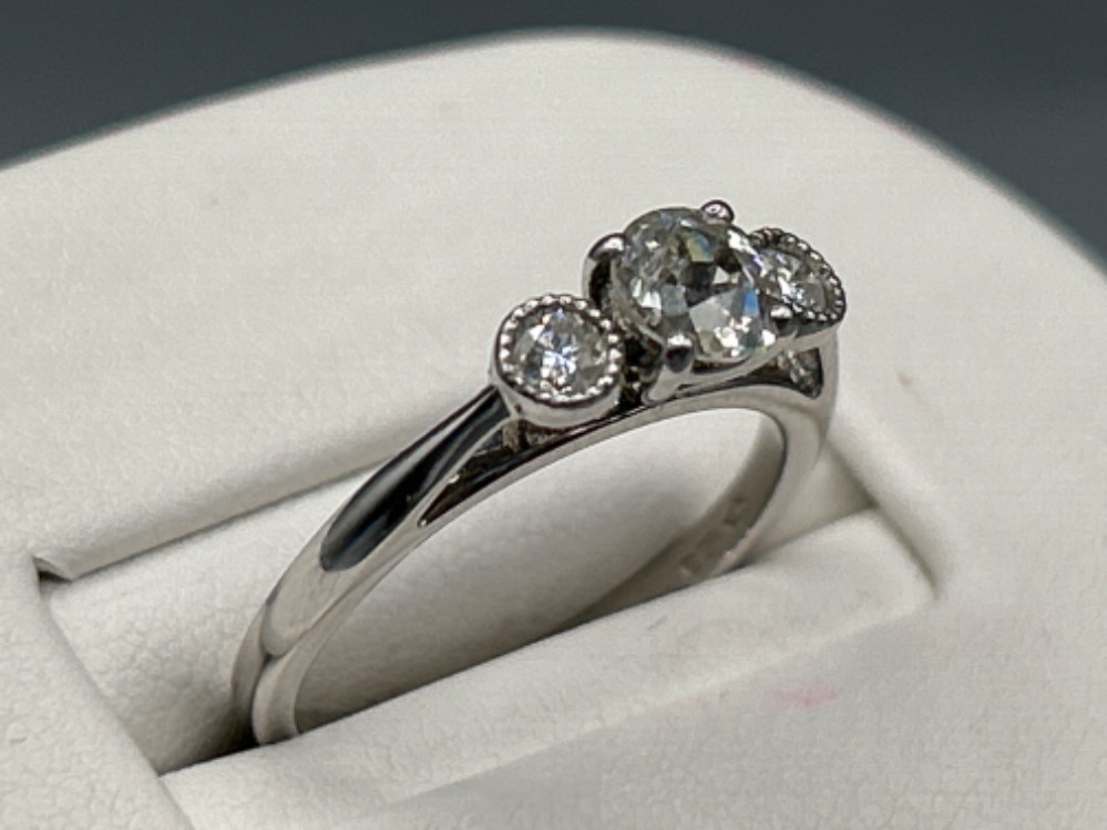 Ladies 18ct white gold 3 stone diamond ring. Comprising of old cut diamond centre stone, approx 0. - Image 2 of 3