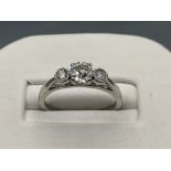 Ladies 18ct white gold 3 stone diamond ring. Comprising of old cut diamond centre stone, approx 0.