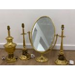 3 brass table lamps together with brass vanity mirror