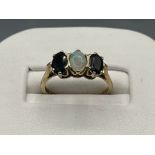 Ladies 9ct gold 3 stone Opal and sapphire ring, size L and 1.37g