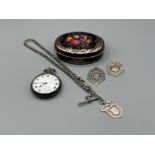 Beautiful design tin containing hallmarked silver Albert chain, fobs and pocket watch (140g)
