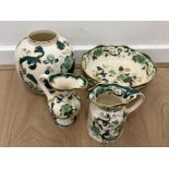 Total of four pieces of Masons Ironstone “Chartreuse pattern” includes two jugs, large bowl & vase