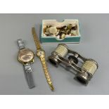 Opera glasses, cuff links with tie buttons and 2 watches