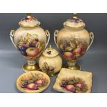 Pair of Aynsley “Orchard gold” vases together with two matching dishes & a lidded vase (hairline