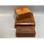 3x carved and brass inlay woonden boxes