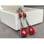 A pair of silver marcasite and red jasper drop earrings in the art deco style, weighing in a 5.