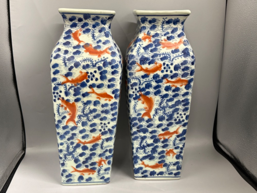 Pair of antique Chinese fireside vases, blue & white with koi fish design, height 37cm