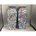 Pair of antique Chinese fireside vases, blue & white with koi fish design, height 37cm