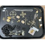 Tray of collectible crucifix (religious themed) necklaces