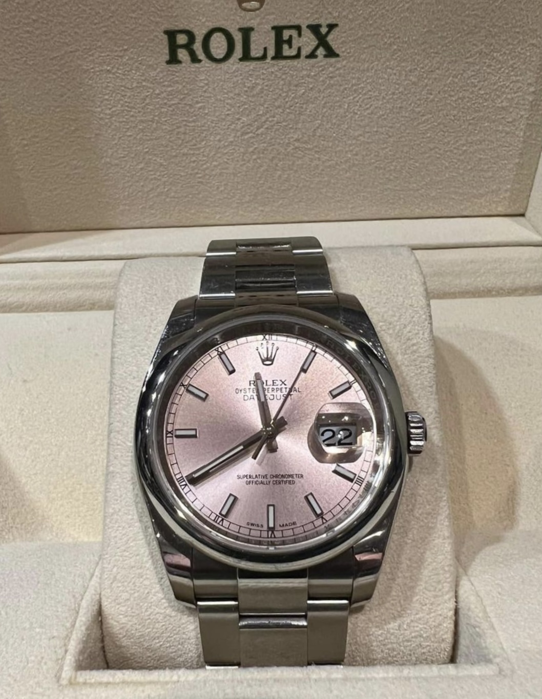 Rolex 36mm Datejust 116200 Pink Baton Dial Wristwatch Accompanies with Box and Papers