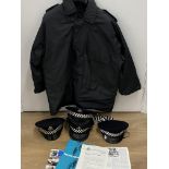 Genuine Police jacket (size XL) together with 4 Northumberland police hats