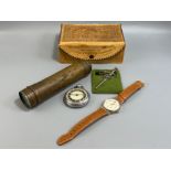 Vintage telescope, swatch watch and pocket watch