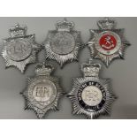 Total of 5 vintage police cap/helmet badges including Cambridgeshire, Kent, Hertfordshire and