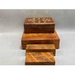 4x brass inlayed wooden boxes to include dice and spade designs