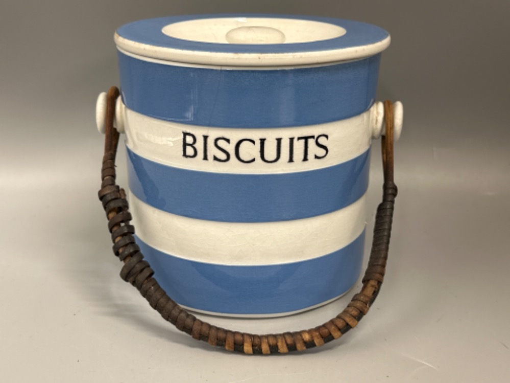 Vintage Cornish Ware, blue & white biscuit barrel with lid, height 13cm