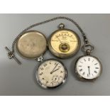 Vintage metal pocket voltmeter together with 2 pocket watches, 1 with chain