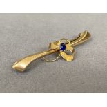9ct Gold Fancy Design Single Sapphire Brooch - Weighing 1.12 grams - Measuring 4cm in length