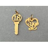 9ct gold 18th key and I love you heart pendant/charms (1.1g)