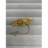 Antique 9ct Yellow Gold Blue Stone & Seed Pearl Brooch Weighing 2.94 grams Measuring 4 cm in length