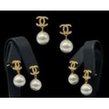 Pair of silver gilt designer inspired freshwater pearl and CZ stud earrings, weight 5.11 grams