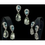 Pair of large silver aquamarine and blue topaz drop earrings, weighing 8.97 grams