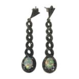Pair of silver marcasite Art Deco style earrings with opal panels, weighing 7.24 grams