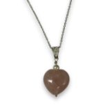 Silver heart rose quartz pendant necklace, chain measuring approximately 23cm in length, weighing