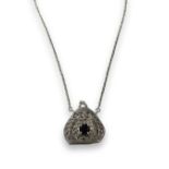 Silver and marcasite photograph locket necklace in the form of a handbag with garnet panel, chain