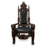 Solid Mahogany frame in Faux Green leather 'Lion King' throne chair, 160cm in height