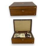 Oak & brass storage box featuring Mother Of Pearl accents, inlaid with beige velvet, accompanied