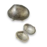 Silver clam shaped pill box, weighing 6.27 grams