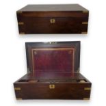 Oak and brass writing slope, with a red leather interior, also includes 1 brass lidded ink jar.