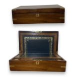 Oak and brass writing slope, with a teal leather interior, also includes 2 brass lidded ink jars,