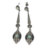 Pair of silver, sapphire and opal Art Deco style drop earrings, weighing 6.88 grams